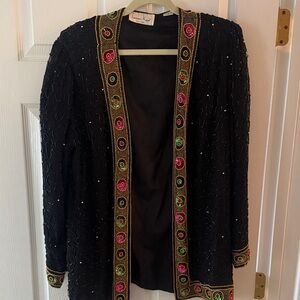 Laurence Kazar Black Sequin Blazer with Gold and Pink Accents
